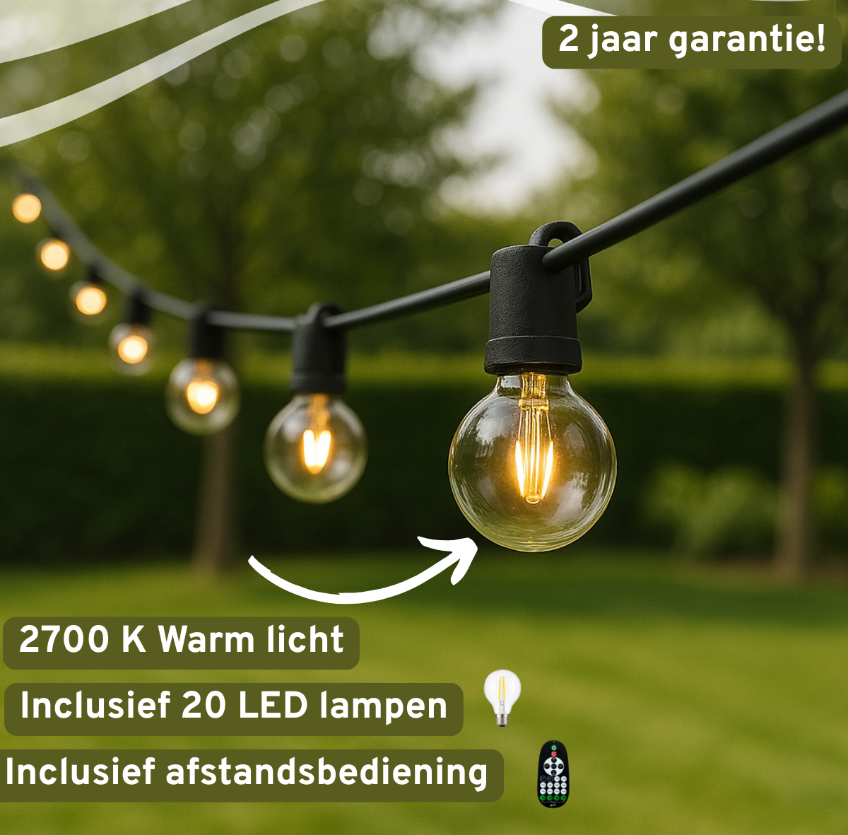 LED lichtsnoer voor buitengebruik – 20 warm witte lampjes op 10 meter snoer